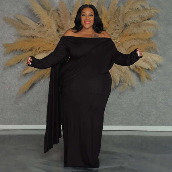 Plus Size One Shoulder Long Sleeve Maxi Dress NNWF-8007