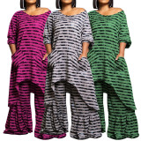 Plus Size Stripe Irregular Tops And Wide Leg Pants 2 Piece Set NNWF-8046