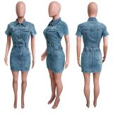 Single-breasted Lapel Denim Mini Dress LX-6985