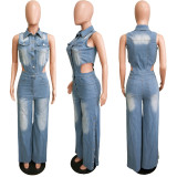 Sleeveless Hollow Out Denim Loose Jumpsuit LX-6986