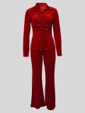 Velour Lapel Long Sleeve Button Shirt Micro Flare Pant Set MIL-T8672