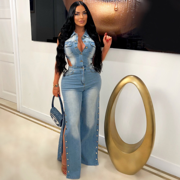 Sleeveless Hollow Out Denim Loose Jumpsuit LX-6986