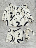 One Shoulder Print Belt Two Piece Short Set YH-HY5283