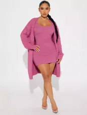 Casual Solid Color Dress Poncho Jacket Two-Piece Set FNN-DN8728