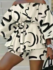 One Shoulder Print Belt Two Piece Short Set YH-HY5283