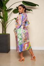 Print V Neck Tie Up Long Sleeve Maxi Dress TE-4699