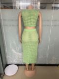 Fishnet Knit Sleeveless Long Skirt 2 Piece Set OSM-4453