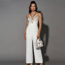 Hot Drill Sling V Neck Straight Jumpsuit CYA-901382