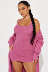 Casual Solid Color Dress Poncho Jacket Two-Piece Set FNN-DN8728