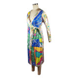 Print V Neck Tie Up Long Sleeve Maxi Dress TE-4699