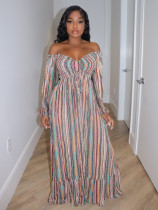 One-Shoulder Long Sleeve Striped Print Maxi Dress SFY-TW536