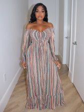 One-Shoulder Long Sleeve Striped Print Maxi Dress SFY-TW536
