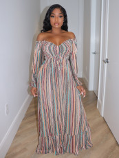One-Shoulder Long Sleeve Striped Print Maxi Dress SFY-TW536