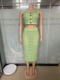 Fishnet Knit Sleeveless Long Skirt 2 Piece Set OSM-4453