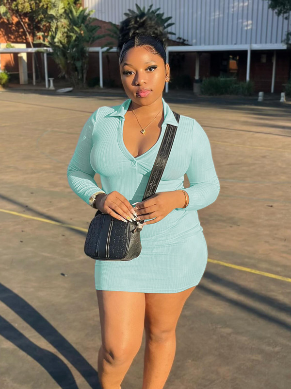 Vintage Fashion Solid Long Sleeve Mini Dress SH-S391249