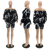 One Shoulder Print Belt Two Piece Short Set YH-HY5283