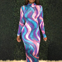 Painted Printed Long Sleeve Slim Long Dress LSL-LS6183