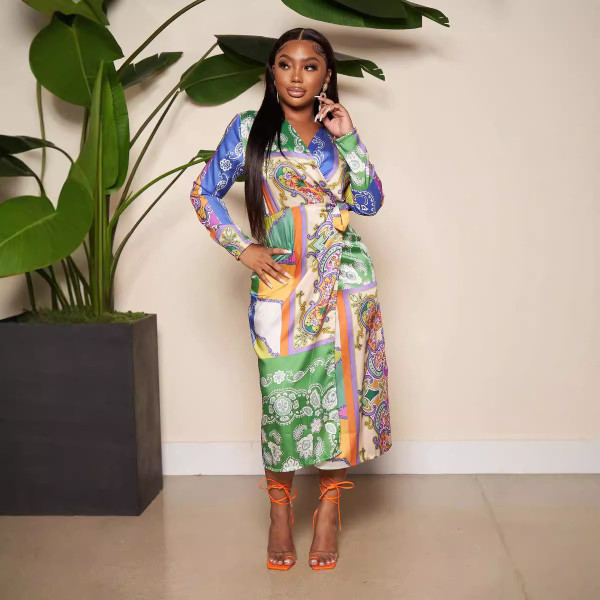 Print V Neck Tie Up Long Sleeve Maxi Dress TE-4699
