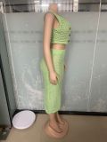 Fishnet Knit Sleeveless Long Skirt 2 Piece Set OSM-4453