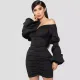 Bubble Sleeve One Shoulder V-Neck Mini Dress LSL-LS6207 
