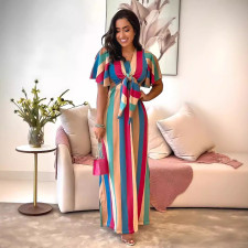 Stripe Print Tie Up Bow Maxi Dress GYLY-10517