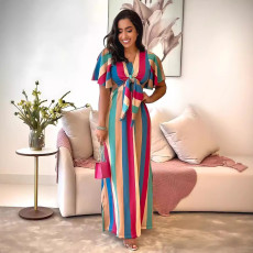 Stripe Print Tie Up Bow Maxi Dress GYLY-10517