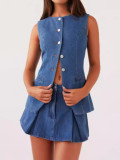 Fashion Denim Sleeveless Cardigan Two Piece Skirts Set GYAN-709