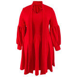 Plus Size Scarf Bubble Sleeve Midi Dress GDAM-J8001