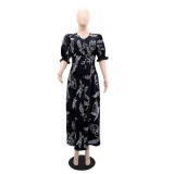 V Neck Print Bubble Sleeve Cardigan Dress GYLY-10512