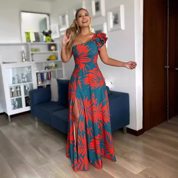 Single Shoulder Print Split Evening Dress GYLY-10527