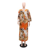 V Neck Long Sleeve Print Dress GYLY-10515