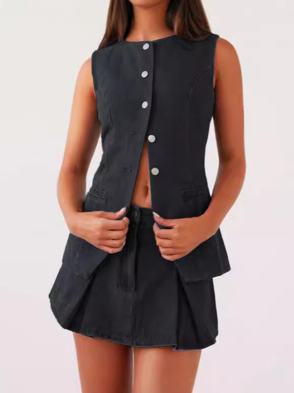 Fashion Denim Sleeveless Cardigan Two Piece Skirts Set GYAN-709
