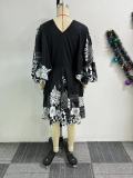 Printed Tie Split V-Neck Long Sleeve Midi Dress NY-S10882