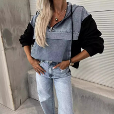 Loose Washed Denim Patchwork Hooded Sweatshirt GYAN-705