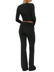 Solid Color Long Sleeve Micro Pants 2 Piece Set GXYF-H0415