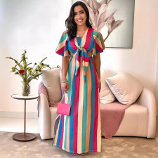 Stripe Print Tie Up Bow Maxi Dress GYLY-10517