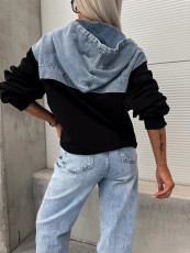 Loose Washed Denim Patchwork Hooded Sweatshirt GYAN-705