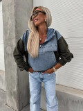 Loose Washed Denim Patchwork Hooded Sweatshirt GYAN-705