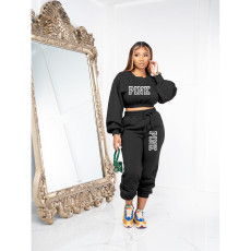 PINK Letter Print Long Sleeve Sweatshirts Pants Suit OUQF-A8189