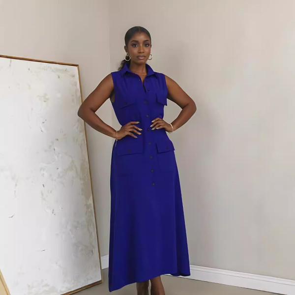 Sleeveless Solid Color Single-breasted Long Dress GYLY-10486