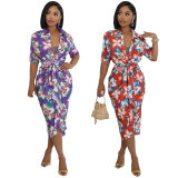 Loose Print Long Sleeve Tie Up Long Shirt XHXF-967