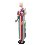 Stripe Print Tie Up Bow Maxi Dress GYLY-10517