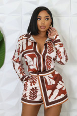 Fashion Print Lapel Long Sleeve Shorts Set XHXF-8701