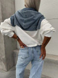 Loose Washed Denim Patchwork Hooded Sweatshirt GYAN-705