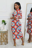 Loose Print Long Sleeve Tie Up Long Shirt XHXF-967