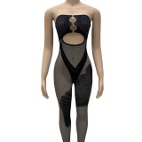 Pre Order: About 7 work days shipping Backless Mesh Cutout Patchwork Knit Jumpsuit  YUEM-Y11057