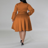 Plus Size Scarf Bubble Sleeve Midi Dress GDAM-J8001