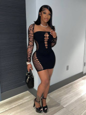 Pre Order: About 7 work days shipping Square Neck Hollow Out Sexy Knit Mini Dress YUEM-Y11052