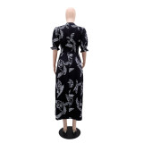 V Neck Print Bubble Sleeve Cardigan Dress GYLY-10512
