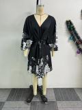 Printed Tie Split V-Neck Long Sleeve Midi Dress NY-S10882